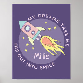 Girl's roze Rocket Ship Space and Name Kinder Poster
