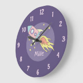 Girl's roze Rocket Ship Space and Name Nursery Grote Klok (Hoek)