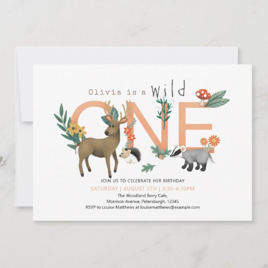 Girls roze Wild One Woodland Animals 1e verjaardag Kaart (Voorkant)