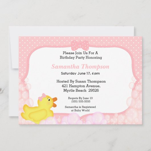 Girls Rubber Ducky Birthday Party Invitations Kaart (Voorkant)