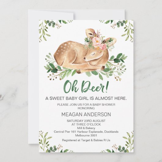 Girls Rustic Oh Deer Baby shower Invitation Kaart (Voorkant)