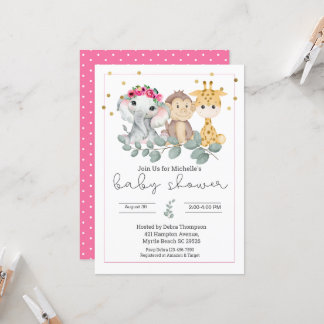 Girls Safari Animals en Greenery Baby shower Kaart