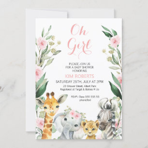 Girls Safari Floral Wreath Baby shower Invitation Kaart
