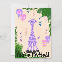 Girls Safari Paarse Giraffe Birthday Uitnodiging