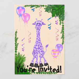 Girls Safari Paarse Giraffe Birthday Uitnodiging