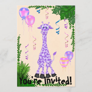 Girls Safari Paarse Giraffe Birthday Uitnodiging
