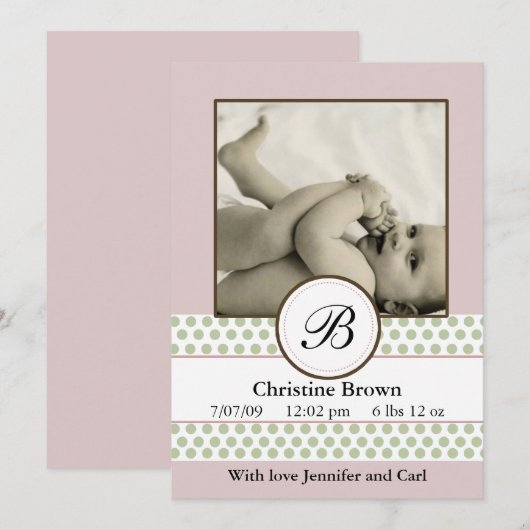 Girls Sage Stippen Birth Announement Aankondiging (Voorkant / Achterkant)