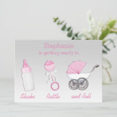 Girls Shake Rattle Roll Silver Pink Baby shower Kaart (Staand voorkant)
