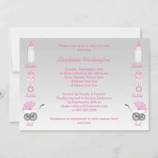 Girls Shake Rattle Roll Silver Pink Baby shower Kaart (Achterkant)