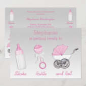 Girls Shake Rattle Roll Silver Pink Baby shower Kaart (Voorkant / Achterkant)