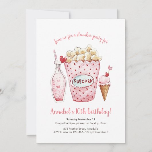 Girls Slumber Party Hearts Birthday Invitation Kaart (Voorkant)