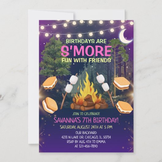 Girls S'more Fun Campfire Smores Birthday Party Kaart (Voorkant)