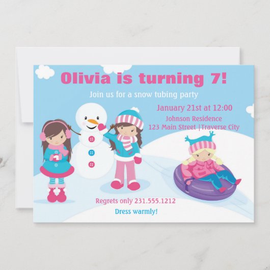 Girls Snow Tubing Invitation Kaart (Voorkant)