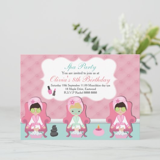 Girls Spa Invitation Pamper party Invite Kaart (Staand voorkant)