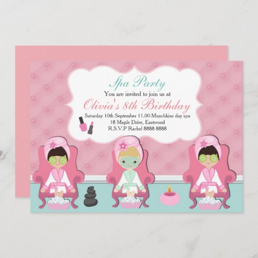 Girls Spa Invitation Pamper party Invite Kaart (Voorkant / Achterkant)