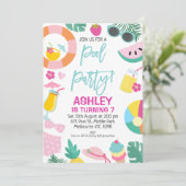 Girls Summer Pool Party Birthday Invitation Kaart (Staand voorkant)