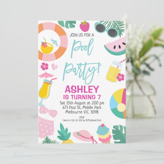 Girls Summer Pool Party Birthday Invitation Kaart (Staand voorkant)