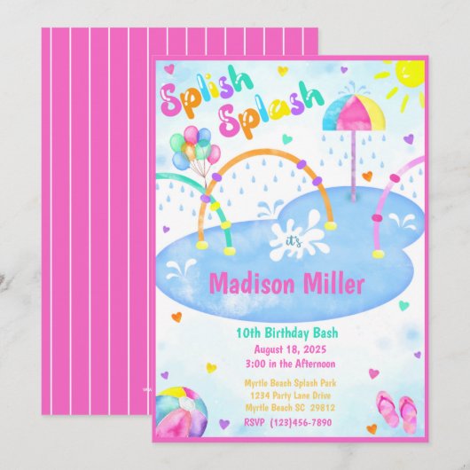 Girls Summer Splash Park Birthday Party Invitation Kaart (Voorkant / Achterkant)