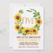 Girls Sunflower Wreath 5th Birthday Invitation Kaart (Voorkant)