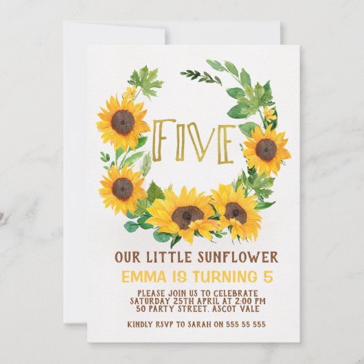 Girls Sunflower Wreath 5th Birthday Invitation Kaart (Voorkant)