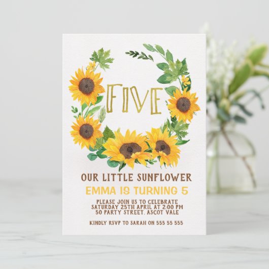 Girls Sunflower Wreath 5th Birthday Invitation Kaart (Staand voorkant)