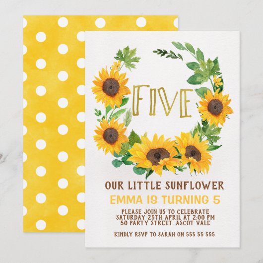 Girls Sunflower Wreath 5th Birthday Invitation Kaart (Voorkant / Achterkant)