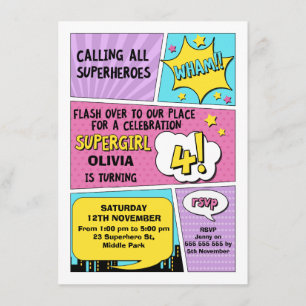 Girls Superheld 4th Birthday Invitation Kaart