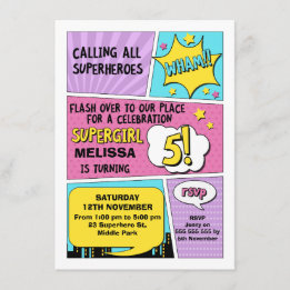 Girls Superheld 5th Birthday Invitation Kaart