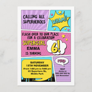 Girls Superheld 6th Birthday Invitation Kaart