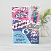Girl's superheld Comic Photo Birthday Invitation Kaart (Staand voorkant)