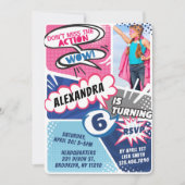 Girl's superheld Comic Photo Birthday Invitation Kaart (Voorkant)