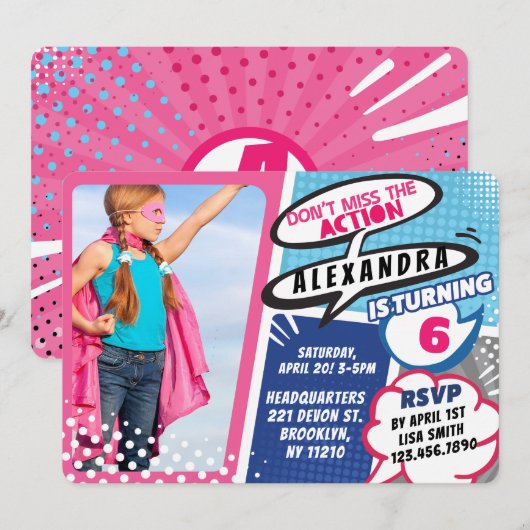Girl's superheld Comic Photo Birthday Invitation Kaart (Voorkant / Achterkant)