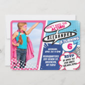 Girl's superheld Comic Photo Birthday Invitation Kaart (Voorkant)