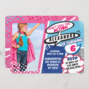 Girl's superheld Comic Photo Birthday Invitation Kaart