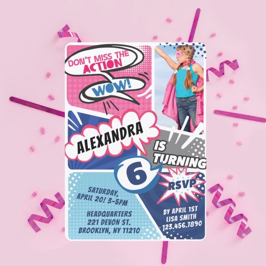 Girl's superheld Comic Photo Birthday Invitation Kaart