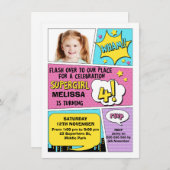 Girls Superheld Foto 4e verjaardag Uitnodiging (Voorkant / Achterkant)