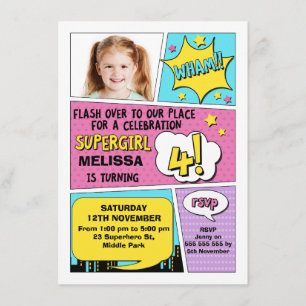 Girls Superheld Foto 4e verjaardag Uitnodiging