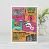 Girl's superheld Invitation Party Pink Comic Kaart (Staand voorkant)
