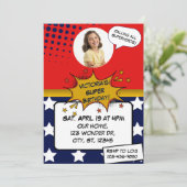 Girls Superhero Red, Blue, Gold & Stars Birthday Kaart (Staand voorkant)