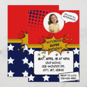 Girls Superhero Red, Blue, Gold & Stars Birthday Kaart (Voorkant / Achterkant)