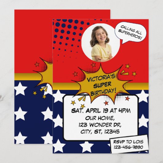 Girls Superhero Red, Blue, Gold & Stars Birthday  Kaart (Voorkant / Achterkant)