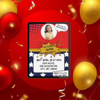 Girls Superhero Red, Blue, Gold & Stars Birthday  Kaart