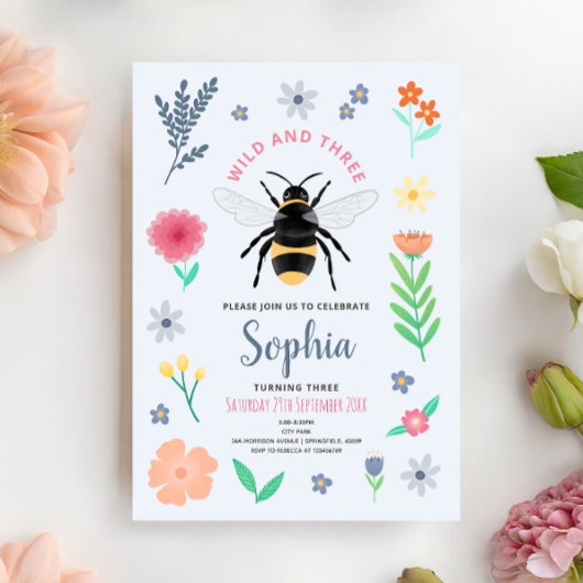 Girls Sweet Bee Wildflower Wild and Three Birthday Kaart