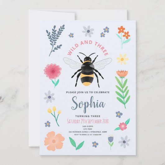 Girls Sweet Bee Wildflower Wild and Three Birthday Kaart (Voorkant)