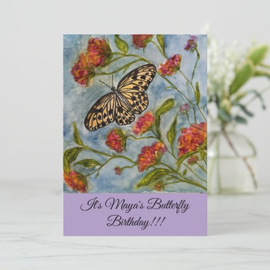 Girls Sweet Butterfly Birthday Invitation Kaart (Staand voorkant)