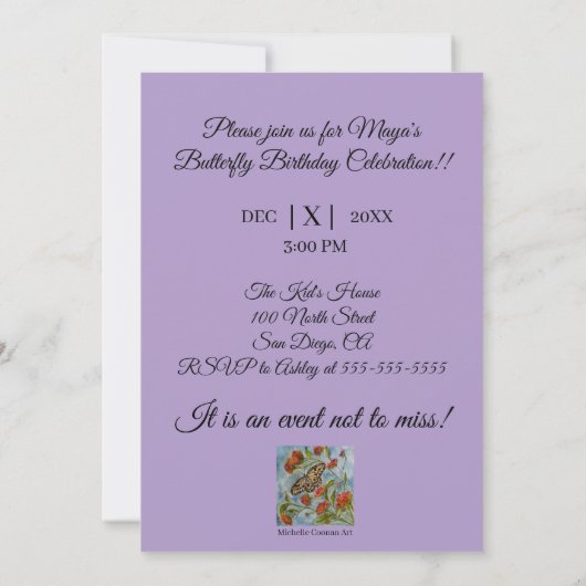 Girls Sweet Butterfly Birthday Invitation Kaart (Achterkant)