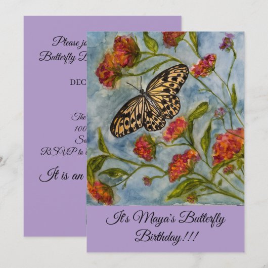 Girls Sweet Butterfly Birthday Invitation Kaart (Voorkant / Achterkant)