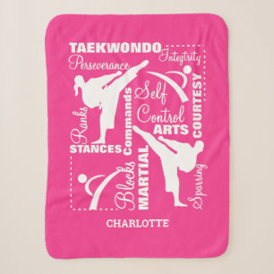 Girls Taekwondo Martial Arts Theme Roze White Fun Sherpa Deken