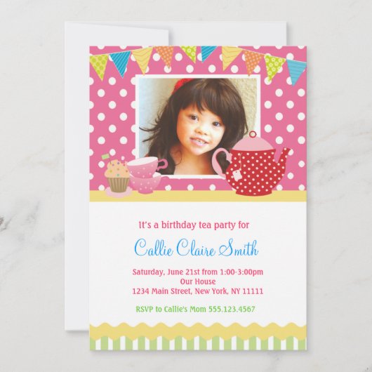 Girls Tea Party Birthday Invitations Kaart (Voorkant)