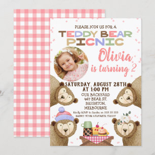 Girls Teddy Bear Picnic Photo Birthday Invitation Kaart